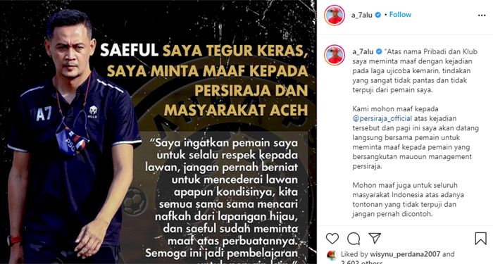 Kang Jalu Minta Maaf kepada Persiraja dan Masyarakat Aceh Atas Aksi Brutal Pemain AHHA PS Pati